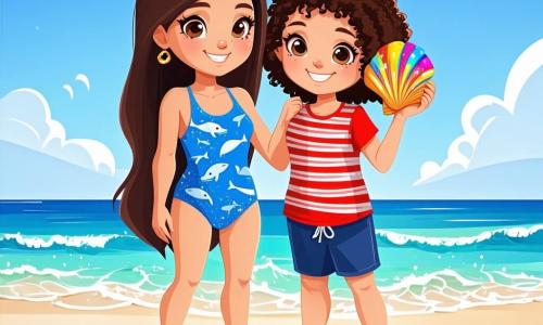 Ci sono 2 personaggi principali: Martina, una ragazza di 10 anni con lunghi capelli castani e occhi scintillanti, indossa un costume da bagno blu con motivi di balene e si trova sulla sabbia con i piedi nell'acqua; Giulia, una ragazza di 10 anni con capelli ricci e una maglietta a righe rosse, sorride ampiamente mentre tiene una conchiglia colorata all'orecchio, accanto a Martina. La scena si svolge su una spiaggia soleggiata con acque turchesi scintillanti e rocce coperte di muschio. Il cielo è blu intenso con alcune nuvole bianche. Conchiglie e stelle marine sono sparse sulla sabbia dorata, mentre un gruppo di gabbiani vola sopra di loro. Martina e Giulia stanno cercando conchiglie, ridendo e divertendosi, circondate dall'entusiasmo e dalla magia di un compleanno indimenticabile.