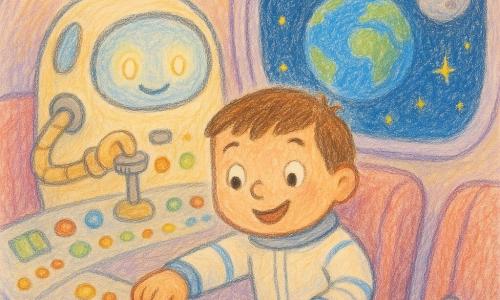 Jules, a smiling, awed young boy with short brown hair and round eyes in a simple white spacesuit with blue stripes, joyfully presses a big red button at the center of the round, clean cabin; Pip, the personified non-human ship, is a small smooth cream cockpit with a large porthole, a small antenna with a green light and a beige robotic arm turning a cap, showing a friendly expression with glowing 