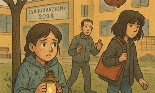 Una ragazzina di 12 anni, ansiosa ma determinata, capelli castani corti con treccia morbida, cappotto azzurro chiaro macchiato di pioggia, tiene una piccola lanterna di rame a tre manopole stretta al petto; una ragazza di circa 14 anni, più alta, frangia disordinata, cartella da disegno rossa sulla spalla, cammina davanti e lascia cadere involontariamente un foglio piegato vicino a un albero; un uomo di circa 40 anni, tecnico con giacca grigia e logo 