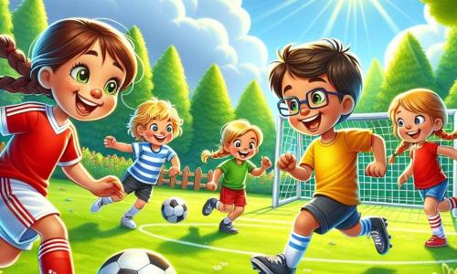 Ein etwa 10-jähriges Mädchen namens Lara, lächelnd und voller Energie, trägt ein rotes Fußballtrikot und glänzende Schuhe. Sie dribbelt einen Fußball auf einem grünen Feld, ihre braunen Haare wehen im Wind und ihr Gesicht strahlt Freude aus. Neben ihr springt Max, ein 9-jähriger Junge mit Brille und zerzausten blonden Haaren, in die Luft, um den Ball zu fangen. Emma, ein 8-jähriges Mädchen mit Zöpfen und einem gelben T-Shirt, lacht, während sie auf Lara zuläuft, bereit, aufs Tor zu schießen. Finn, ein 7-jähriger Junge in blauen Shorts, steht konzentriert in der Nähe des Tores, bereit zu verteidigen. Der Ort ist ein sonniger Fußballplatz, umgeben von grünen Bäumen und bunten Blumen, mit einem klaren blauen Himmel und einigen weißen Wolken. Die Hauptsituation zeigt Lara und ihre Freunde, die zusammen spielen, lachen und Spaß haben, während Lara ihren Freunden zeigt, wie man den Ball dribbelt, was eine fröhliche und freundliche Atmosphäre schafft.