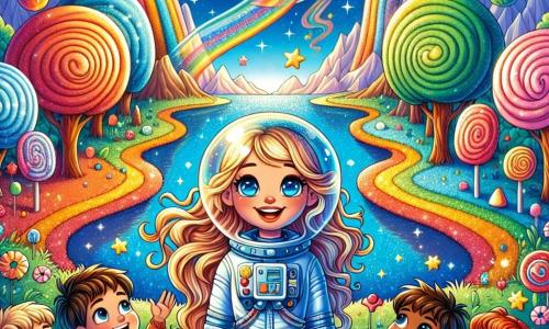 Al centro dell'immagine, una giovane donna astronauta di nome Sara, con lunghi capelli biondi che fluttuano nel vento, indossa una brillante tuta spaziale blu. Il suo viso irradia gioia e meraviglia mentre scopre un mondo colorato. Intorno a lei, un gruppo di quattro bambini dai capelli colorati: un ragazzo con capelli verdi, di circa 8 anni, che sorride con occhi scintillanti di eccitazione; una ragazza con capelli rossi, di 7 anni, che alza le braccia al cielo, piena di gioia; un ragazzo con capelli blu, di 9 anni, che guarda Sara con ammirazione; e una ragazza con capelli gialli, di 6 anni, che si trova accanto a un albero di caramelle, con gli occhi spalancati. Lo sfondo è un paesaggio fantastico del 