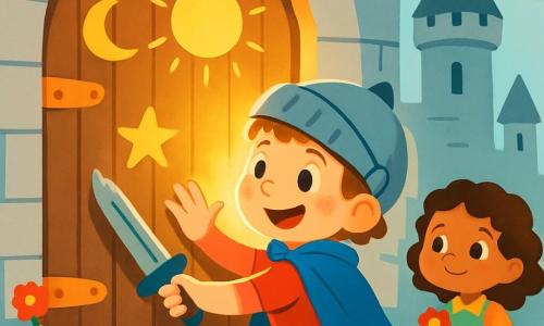 Un pequeño caballero llamado Leo, un niño de unos 7 años, lleva una capa azul brillante y una espada corta. Tiene una gran sonrisa alegre y ojos chispeantes de curiosidad. Leo está frente a una gran puerta de madera adornada con dibujos de sol, luna y estrella, con una luz dorada que ilumina su rostro. A su lado, una niña de 6 años con cabello rizado lleva un vestido colorido y mira a Leo con admiración. Sostiene una flor en su mano y está ligeramente apartada, lista para animarlo. El lugar es un majestuoso castillo, con muros de piedra gris, torres esbeltas y banderas ondeando al viento. Flores coloridas crecen alrededor de la puerta, añadiendo un toque de magia al entorno. La situación principal muestra a Leo tocando la puerta con determinación, mientras la luz de su linterna mágica brilla intensamente. La expresión de Leo está llena de valor y emoción, listo para descubrir lo que se oculta detrás de la puerta.