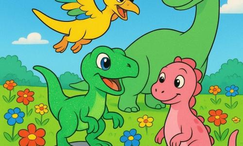 Uma pequena velociraptor chamada Lia, com olhos brilhantes e escamas verdes cintilantes, está alegremente em cima de uma pedra no meio de um campo de flores coloridas. Tico, um dinossauro com penas amarelas, voa perto de Lia, suas asas abertas em um arco-íris de cores. Lila, uma dinossaura com escamas rosas, está ao lado de Lia, sua longa cauda enrolada em torno de uma flor. Brontos, um grande dinossauro de pescoço comprido, está ao fundo, observando a cena com um sorriso benevolente. O campo está cheio de flores de cores vivas, vermelhas, azuis e amarelas, que parecem cantar sob um céu azul claro. A cena principal mostra Lia e seus amigos descobrindo o campo de flores cantantes, maravilhados com a beleza e a magia do lugar.