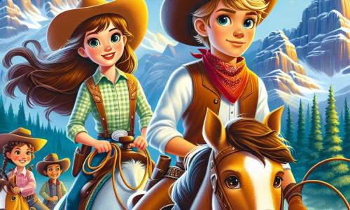 Voorgrond staat Lily, een dappere cowgirl van ongeveer 12 jaar, trots op haar paard. Ze heeft lange kastanjebruine haren die in de wind waaien, een grote glimlach op haar gezicht en draagt een cowboyhoed met een ster. In haar hand houdt ze een lasso, klaar om op avontuur te gaan. Naast haar staat Jake, een 11-jarig jongen met rommelig blond haar en ronde brillen, die Lily met bewondering aankijkt. Hij houdt een schatkaart in zijn handen, met glinsterende ogen van opwinding. Clara, een 10-jarig meisje met bruine vlechten en een rode bandana om haar nek, komt naar hen toe met een vastberaden blik, klaar om hen te volgen in hun zoektocht. De achtergrond bestaat uit de majestueuze bergen van Eldorado, met besneeuwde toppen onder een stralende blauwe lucht en een gouden zon die het landschap verlicht. Cactussen en kleurrijke wilde bloemen sieren de grond, wat leven aan de scène toevoegt. De hoofdactie toont Lily, Jake en Clara die zich voorbereiden om de bergen te verkennen, omringd door de opwinding van avontuur en teamgeest, klaar om de uitdagingen aan te gaan die hen te wachten staan.