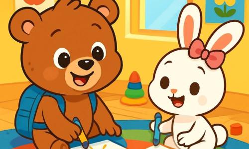 A small brown bear with sparkling eyes and a wide smile, wearing a little blue backpack, is sitting on a colorful floor mat, drawing a sun with crayons. He looks happy and focused. Next to him, a small white bunny with big ears and a pink bow on her head smiles while holding a crayon, ready to draw clouds. The setting is a bright classroom with yellow-painted walls and windows letting in sunlight. Colorful posters decorate the walls, and wooden toys are scattered on the floor. The main scene shows the two friends creating together, surrounded by bright colors and laughter, illustrating the joy of learning and friendship at school.