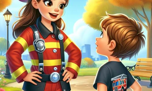 Eine Feuerwehrfrau, Anna, steht im Mittelpunkt des Bildes, lächelnd und selbstbewusst, in einer roten Feuerwehruniform und einem glänzenden Helm. Sie hat braune Haare zu einem Pferdeschwanz gebunden und funkelnde Augen voller Entschlossenheit. Sie spricht mit einem etwa 11-jährigen Jungen, Max, der unordentliche braune Haare hat und ein T-Shirt mit einem Feuerwehrwagen trägt. Max steht bewundernd neben Anna, die Hände in die Hüften gestemmt, und hört aufmerksam ihrer Geschichte zu. Die Szenerie ist ein sonniger Park mit goldenen Blättern an den Bäumen und einem hellblauen Himmel. Eine Bank aus Holz befindet sich im Hintergrund, und bunte Blumen säumen den Weg. Die Hauptsituation zeigt Anna, die spannende Geschichten über ihren Beruf als Feuerwehrfrau mit Max teilt, der davon träumt, eines Tages Feuerwehrmann zu werden. Die Stimmung ist fröhlich und inspirierend und verdeutlicht die Verbindung zwischen den beiden Charakteren sowie die Bedeutung von Hilfe und Mut.