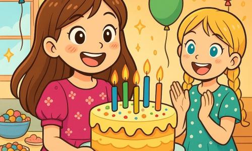 Dziewczynka w wieku 10 lat, Maja, z długimi brązowymi włosami i błyszczącymi oczami, ma na sobie ładną różową sukienkę ozdobioną małymi kwiatowymi wzorami. Szeroko się uśmiecha, z różowymi policzkami od podekscytowania, trzymając duży tort urodzinowy ozdobiony kolorowymi świeczkami. Obok niej stoi jej najlepsza przyjaciółka Basia, również 10-letnia, z blond warkoczami i sukienką w groszki, entuzjastycznie klaskająca, z błyszczącymi oczami podziwu. W tle salon jest wypełniony kolorowymi balonami unoszącymi się pod sufitem, świecącymi girlandami i dużym stołem pełnym słodkości. Główna scena pokazuje Maję otoczoną przyjaciółmi, świętującą swoje urodziny z uśmiechami i śmiechem, podczas gdy światło słoneczne wpada przez okna, tworząc ciepłą i świąteczną atmosferę.