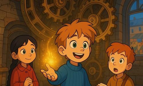 A 6-year-old boy with tousled light brown hair and big curious green eyes in a blue ribbed sweater, beige pants and worn sneakers smiles in wonder as he reaches toward a floating golden glow at the heart of a clock mechanism; nearby, a ~7-year-old girl with braided black hair in a red coat stands slightly left with hands clasped, awed, and a freckled redheaded boy of 6–8 with a small shoulder bag sits on a right-hand step, mouth open, holding an open book. The scene is inside an old clock tower amid an urban market: patinated stone walls, large brass gears, shiny cogs and copper pipes, market posters visible through a window, with warm golden sparks pulsing from a large gilded clock face as massive gears turn and cast warm reflections on the children. Visual style: saturated colors, crisp cel-shaded shadows, cute rounded proportions, slightly rough stone textures and shiny metallic gears, warm mysterious atmosphere.