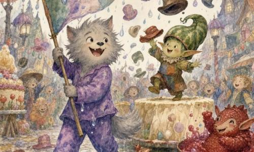 The main character is Howlbert, a tall, fluffy male werewolf with tousled light-gray fur, round joyful eyes and a bright smile, laughing and leading a parade while wearing a water-stained purple pajama and waving a large colorful banner; his tail fur sparkles with droplets. The important secondary character is Pipkin, a small round male goblin with pale green skin in patchwork clothes and a lopsided giant watermelon hat, jumping on a marshmallow stage and tossing hats. A tiny pink-haired pixie girl wearing a pine-cone beanie is comically stuck on a hat’s brim, hovering above the crowd. A red armadillo rolls in a bucket of jelly to the right of the stage, smiling with jam-covered paws. The scene is Puddlewood village square with uneven cobbles, candy garlands, upside-down umbrellas on lamp posts, sugar stalls and watercolor lanterns; the joyful, dynamic parade centers on Howlbert and Pipkin as uncomfortable hats fall, fly and bounce in a colorful shower.
