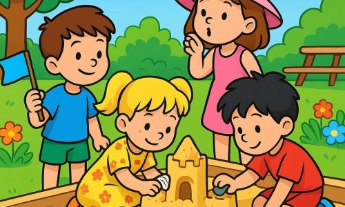 Czterech dzieci bawi się w piaskownicy w słonecznym ogrodzie: Tomek, 6 lat, krótko brązowe włosy, niebieski T-shirt i zielone szorty, trzyma małą flagę na patyku po lewej; Ania, 5 lat, blond kitki, żółta sukienka w kwiaty, przykłada muszlę do zamku kucając z przodu; Ola, 4 lata, jasnobrązowe włosy, różowy kapelusz z szerokim rondem, stoi za zamkiem i dmucha, żeby odpędzić piasek; Michał, 6 lat, rozczochrane czarne włosy, czerwone szorty, po prawej układa kamyczki jako wieże. W tle zielony trawnik, kwiaty, drzewo i drewniany stół piknikowy z talerzem zupy. Dzieci budują duży zamek z dwiema wieżami ozdobionymi kamykami i oknem z muszli, na patyku powiewa papierowa flaga; scena w ciepłym, kolorowym, prostym stylu kreskówkowym lat 90.
