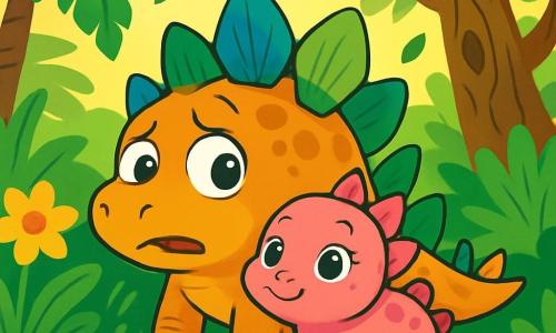 Mały stegozaur o imieniu Stego, z kolorowymi płytkami w zielonym i niebieskim kolorze na grzbiecie, ma zmartwioną minę, a jego duże, okrągłe oczy badają dżunglę. Obok niego jego mała siostra Sisi, uroczy różowy stegozaur z błyszczącymi oczami, przytula się do niego, również z ciekawością rozglądając się wokół. Znajdują się w sercu gęstej prehistorycznej dżungli, pełnej gigantycznych zielonych paproci, jaskrawych kwiatów i dużych drzew o skręconych pniach. Ziemia lekko drży pod ich łapami, a liście opadają z drzew, tworząc atmosferę tajemnicy i przygody. Stego i Sisi są gotowi do eksploracji, zdeterminowani, by odkryć źródło tego dziwnego drżenia.
