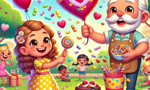 In a sunny park, an 8-year-old girl named Lily, with curly brown hair and a yellow polka dot dress, smiles while picking up colorful candies falling from a heart-shaped piñata. Next to her, her best friend Mia, also 8, with braided blonde hair and a pink dress, joyfully laughs while holding a red heart-shaped balloon. A little further away, an elderly man, Mr. Bumble, with a large white mustache and an apron, offers slices of chocolate cake to the children around him, creating a festive atmosphere. The park is decorated with colorful heart garlands, floating balloons, and bright flowers, while a group of children has fun around a large banner that reads "Friendship is the best!" The scene shows Lily and Mia sharing laughter and joy, surrounded by friends, celebrating the magic of Valentine's Day with hearts, candies, and bright smiles.