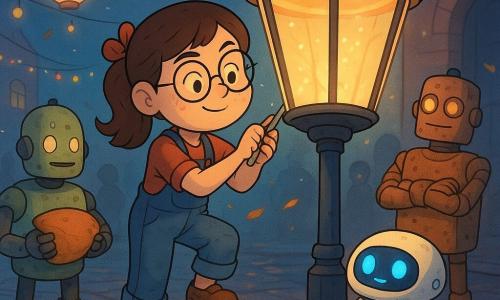 A 10-year-old girl with a round face, freckles, brown side-ponytail with a ribbon, slightly slipping round glasses, concentrated and brave expression with furrowed brows and a shy smile, holding a small metal screwdriver while standing on a short step ladder; a small round flat domestic robot named Pipp with a glossy white shell and blinking blue LEDs holds a silver toolbox at the ladder’s base, tilting its "head" to watch; an old copper-patina rectangular librarian robot named Gert with amber round eyes stands in the background right, arms crossed and watching proudly; a cylindrical gardener robot named Fenn stands left holding a cushion, dusty with soil and emitting a small relieved beep; the scene is a small paved night square under floating round lanterns with brick walls, reflective canals, hanging string lights and wet cobbles reflecting pastel neon (pink, blue, yellow); the girl is repairing a loose hinge at the base of a tall modern lantern wobbling in gusts, tiny bulbs about to fall, leaves swirling and a crowd of residents and robots forming a ring of amazed onlookers; visual style: warm soft colors, thin black cartoon outlines, paper and light-brush textures, exaggerated readable expressions, and soft nighttime lighting with reflections on the wet paving.