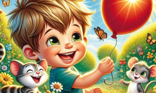 Ein kleiner Junge von 2 Jahren, Tim, mit zerzausten blonden Haaren und neugierigen Augen, lächelt fröhlich, während er einen großen roten Ballon hält. Er sitzt in einem grünen Garten, umgeben von bunten Blumen und schwirrenden Schmetterlingen. Neben ihm ist Leo, eine getigerte Katze mit grünen Augen, die mit dem Ballon spielt, indem sie ihn sanft mit ihrer Pfote anstößt. Weiter weg beobachtet Mila, eine kleine graue Maus mit großen Ohren, die Szene mit einem fröhlichen Ausdruck und ist bereit, mitzumachen. Der Garten ist in goldenes Licht getaucht, mit Bäumen, deren Blätter glänzen, und einem blauen Himmel, der mit flauschigen weißen Wolken übersät ist. Die Hauptsituation zeigt Tim, der herzhaft lacht, während er seinen Ballon mit Leo und Mila teilt und eine Atmosphäre von Freude und Freundschaft unter der sanften Morgensonne schafft.