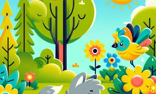Een kleine wolf met zachte grijze vacht, grote glanzende ogen en een blije glimlach snuffelt aan kleurrijke bloemen in een zonnig park. Een kleine vogel met gele en blauwe veren, vrolijk van aard, zingt blij terwijl hij zijn nest in een nabijgelegen boom bouwt. Het park is gevuld met felgekleurde bloemen, grote bomen met groene bladeren en een zachte zonneschijn die het tafereel verlicht. De kleine wolf ontdekt een verlaten ei op het gras en, nieuwsgierig, komt hij dichterbij om het te onderzoeken, terwijl de vogel naar hem toe vliegt, klaar om zijn waardevolle ei terug te halen.