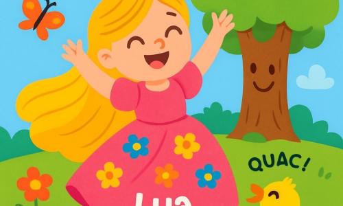 Uma princesa chamada Lua está no centro da imagem. Ela tem longos cabelos dourados que brilham ao sol e veste um vestido rosa cintilante decorado com flores coloridas. Seu rosto está iluminado por um grande sorriso, mostrando sua alegria e determinação. Lua está dançando na grama, levantando os braços para o céu. Ao lado dela, um pequeno pato amarelo, com um bico laranja vivo, canta alegremente, parecendo encorajar a princesa com seus 