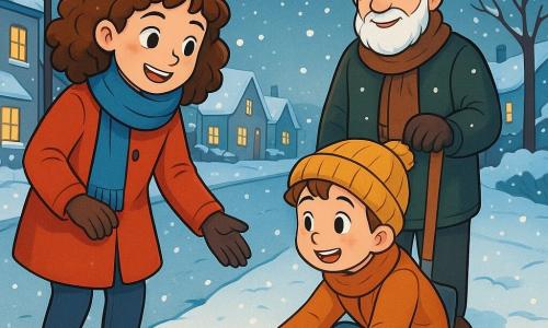 A 12-year-old girl with curly brown hair, wearing a bright red coat and a blue wool scarf, stands on a snowy sidewalk, her face lit up by a joyful and curious smile. She watches a 7-year-old boy with rosy cheeks and a yellow hat picking up a black glove fallen in the snow, his eyes sparkling with gratitude. Nearby, an elderly man, Mr. Alvarez, with a white beard and a felt hat, smiles while holding a shovel, ready to clear his driveway. The setting is a peaceful street lined with houses with snow-covered roofs, where snowflakes gently fall, creating a magical and serene atmosphere. Streetlights cast a golden glow, illuminating the footprints in the fresh snow. The main scene shows the girl encouraging the boy to pick up his glove, a moment of kindness and sharing that warms the heart in the midst of winter.
