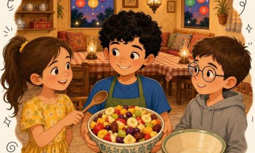 Há três personagens: Karim, menino de cerca de 9 anos, pele clara e cabelos pretos encaracolados, com t‑shirt azul e avental verde, segurando com as duas mãos uma grande salada de frutas colorida no centro; Inês, menina de cerca de 10 anos, cabelo castanho em rabo de cavalo, vestido amarelo com flores, à esquerda de Karim, sorrindo e oferecendo uma colher de madeira; Tomás, menino de cerca de 9 anos, cabelo castanho curto, óculos redondos e casaco cinzento, à direita de Karim, segurando uma grande tigela vazia como “responsável oficial” e olhando orgulhoso. Ambiente acolhedor na sala da avó, mesa comprida de madeira ao fundo com toalhas xadrez e almofadas coloridas, lanternas e lâmpadas visíveis pela janela, paredes ocre, prateleiras com chávenas e caixa de chá, chão de azulejos claros e luz dourada do entardecer. Situação: as crianças levam uma salada de frutas vibrante (maçãs vermelhas, bananas amarelas, uvas roxas, manga laranja, tâmaras castanhas) para pôr na mesa familiar, com expressão de alegria e trabalho em equipa, em ambiente festivo discreto com lanternas coloridas e texturas visíveis.
