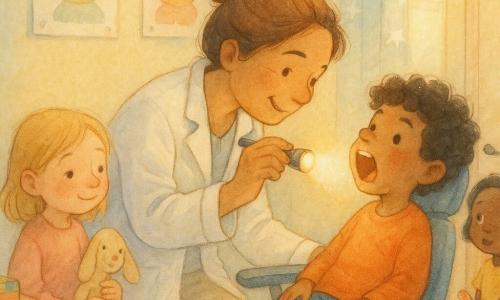 O femeie doctor zâmbitoare și binevoitoare, în jur de 40 de ani, păr șaten prins în coc, halat alb ușor șifonat, ține o lanternă mică care luminează gâtul pacientului și se apleacă ușor; un băiat, Luca, de aproximativ 7 ani, păr castaniu creț, obraji roșii, stă pe scaunul de examinare cu gura larg deschisă; o fetiță, Eva, de circa 6 ani, subțire, nas ușor roșu, ține o jucărie de pluș și zâmbește timid pe un taburet la stânga doctoriței; o fetiță, Maria, de vreo 5 ani, cu ochi mari și curioși, stă lângă ușă ținând un plasture colorat; cabinet mic de școală, pereți galben pal și albastru ciel, postere cu animale, cutie de plasturi colorate pe birou, stetoscop, perdea cu stele și lumină blândă de dimineață; scenă caldă și liniștitoare de consultație în care medicul examinează gâtul unui copil, ceilalți așteaptă veseli dar liniștiți.