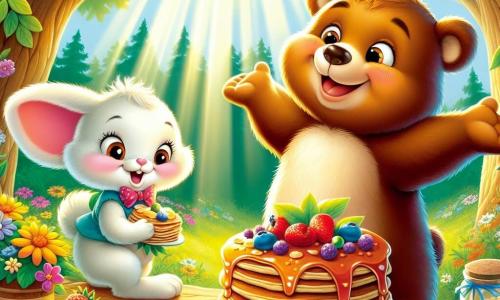 Ein fröhlicher Braunbär mit weichem Fell und funkelnden Augen steht stolz vor einem rustikalen Holztisch mit erhobenen Armen und bewundert ein Festmahl aus bunten Pfannkuchen, die mit frischen Beeren dekoriert sind. Neben ihm hält ein kleiner weißer Hase mit großen Ohren und schelmischen Augen, der begeistert lächelt, einen Teller voller Pfannkuchen bereit, um sie zu servieren. Er lehnt sich leicht nach vorne, als wäre er ungeduldig, diese köstliche Überraschung zu teilen. Die Szene spielt sich auf einer sonnigen Lichtung ab, umgeben von leuchtend grünen Bäumen und bunten Blumen, die sanft im Wind tanzen. Sonnenstrahlen dringen durch die Äste und erhellen den Tisch, was eine warme und fröhliche Atmosphäre schafft. In dieser Hauptsituation bereiten der Bär und der Hase ein besonderes Frühstück zum Vatertag vor, voller Aufregung und Liebe, bereit, den Papa-Bären, der überraschend ankommt, zu überraschen.