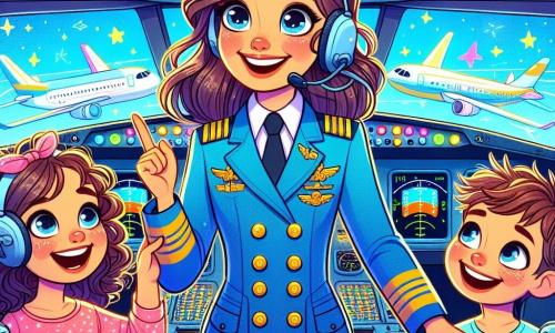 In the center of the image, a smiling pilot, Captain Lily, a woman in her thirties, wears a bright blue pilot jacket adorned with shiny buttons. Her chestnut hair is tied back in a ponytail, and her eyes sparkle with joy and determination as she stands in the cockpit of her plane, surrounded by colorful buttons and bright screens. She confidently looks at the children around her. Next to her, an 8-year-old girl named Mia, with curly hair and wearing a pink dress, is fascinated by the cockpit, her eyes wide with wonder as she points at the instruments. A boy named Leo, also 8 years old, with messy brown hair and a blue t-shirt, stands just behind Mia, arms crossed, sporting a big smile as he admires Captain Lily's courage. The cockpit is filled with vibrant colors, flashing lights, and metal levers. Outside, a bright blue sky is visible through the window, dotted with fluffy white clouds, while the airport ground below shows colorful runways and hangars. The main scene depicts Captain Lily preparing for her flight, explaining to the children how to pilot a plane while staying calm in the face of a minor engine issue, showcasing her courage and professionalism.