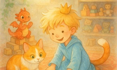 Ein lächelnder, staunender kleiner Prinz (Junge, ca. 7 Jahre) mit zerzausten blonden Haaren, leichter himmelblauer Morgenrobe und einer schief sitzenden goldenen Krone kniet am Boden und setzt ein großes buntes Puzzle zusammen; die Katz Felix (männlich) mit rot-weißem Fell und leuchtend grünen Augen schiebt mit der Pfote ein Puzzleteil und schnurrt neben dem Prinzen, das kleine Spielzeugdrachen Drako in Rot-Orange mit glänzenden Schuppen und schelmischen Augen sitzt auf einem Stapel Holzklötze hinter ihm und klatscht mit seinen kleinen Pfoten; die Szene spielt in einem geheimen Schlosszimmer mit steinernen, efeubewachsenen Wänden, sanften Lichtstrahlen durch ein rundes Oberlicht, überfüllten Regalen mit Holzspielzeug und Kuscheltieren und einem warmfarbigen persischen Teppichboden — fröhlicher, lebhafter Moment, in dem sie die letzten Teile des großen mehrfarbigen Puzzles zusammensetzen, ein fehlendes Teil wurde in einer geöffneten Schatzkiste neben ihnen gefunden.