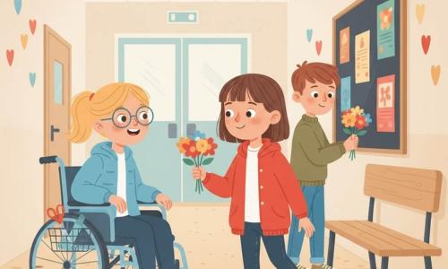 Drei Personen: ein Mädchen, ca. 10 Jahre, braune schulterlange Haare, Sommersprosse, trägt eine knallrote Jacke und leicht schmutzige weiße Turnschuhe, hält in der rechten Hand ein kleines buntes Papierblumensträußchen und geht nach rechts; ein weiteres Mädchen, ca. 10 Jahre, blonde Pferdeschwanz, runde Brille, sitzt links in einem modernen Rollstuhl, lächelt und schaut zur Sträußchen-gabenden, trägt einen hellblauen Mantel und hat eine Schere im Rollstuhlkorb; ein Junge, ca. 12 Jahre, kurz kastanienbraune Haare, schüchternes dann lächelndes Gesicht, steht rechts hinten bei einer Pinnwand und hebt vorsichtig das Papiersträußchen von einer Bank auf, trägt einen olivgrünen Pullover und Jeans. Ort: heller Schulflur mit beigem Linoleumboden, hellen Wänden mit Papierherzen, heller Holzbänke, schwarzer Pinnwand mit bunten Plakaten und einer glastür im Hintergrund, weiches Licht. Szene: ruhiger, mutiger Moment, in dem das Mädchen dem schüchternen Jungen das Papiersträußchen reicht; warme Atmosphäre, kräftige Farben, sichtbare Details wie ausgeschnittenes Papier, Klebereste an den Fingern und erste Lächeln.