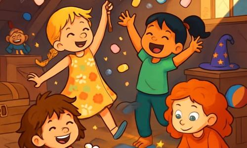 Es gibt 4 Kinder: - Leni: ein 7-jähriges Mädchen mit zerzausten braunen Haaren, das ein gestreiftes T-Shirt und eine Jeansshorts trägt. Sie liegt auf einem alten bunten Teppich mit einem großen Lächeln im Gesicht und hält Marshmallows in ihren Händen. - Emma: ein 7-jähriges Mädchen mit geflochtenen blonden Haaren, das ein Blumenkleid trägt. Sie tanzt fröhlich mit einem alten Zauberstab in den Händen, umgeben von glitzerndem Konfetti. - Mia: ein 7-jähriges Mädchen mit einem schwarzen Pferdeschwanz, das ein grünes T-Shirt und eine Hose trägt. Sie lacht laut mit erhobenen Armen, während Marshmallows vom Himmel fallen. - Clara: ein 7-jähriges Mädchen mit lockigen roten Haaren, das einen orangefarbenen Pullover trägt. Sie hockt und beobachtet ein offenes altes Zauberbuch vor sich mit weit aufgerissenen Augen vor Staunen. Der Ort ist eine alte Rumpelkammer, ein staubiger Dachboden voller Holzkisten, bunter alter Spielzeuge und glitzernder Spinnweben. Lichtstrahlen fallen durch ein schmutziges Fenster und beleuchten magische Gegenstände wie einen glitzernden Zauberstab und einen spitzen Hut. Die Hauptsituation zeigt die Kinder, die zusammen lachen und Spaß haben, umgeben von bunten Marshmallows, die vom Himmel fallen, während Lichtblitze um sie herumtanzen und eine fröhliche und magische Atmosphäre schaffen.