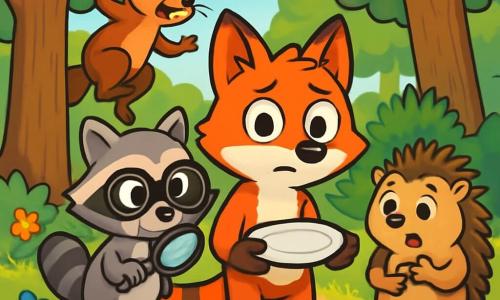 A mischievous fox named Finn, with bright orange fur and banana-patterned socks, is at the center of the image, displaying a worried yet determined expression. He holds an empty plate in his paws, looking around with wide, curious eyes. Next to him, Ziggy, a raccoon with sparkling eyes and black and gray stripes, wears detective glasses and examines the ground with a magnifying glass, looking focused. Trixie, an agile squirrel with brown fur and a bushy tail, quickly climbs a tree, looking excited and chatty as she searches for clues. Spike, a hedgehog with well-formed spines and a round belly, stands a bit back, looking hungry and worried while rubbing his belly. The scene takes place in Gigglewood forest, with thick-trunked trees and bright green leaves, colorful flowers scattered on the ground, and sunlight filtering through the branches. In the background, a small winding path leads to a mysterious bush. The friends are on a quest to find a missing cheese, looking at each other with determination and a hint of humor, ready to solve the mystery together.