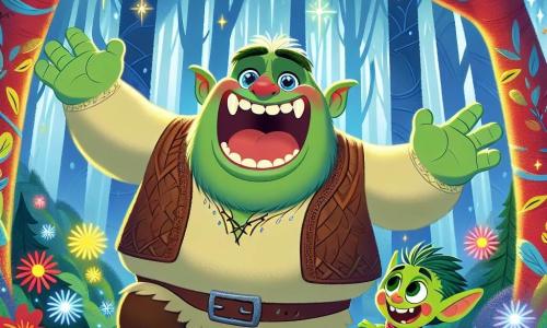 Un ogre vesel și blând, numit Oblu, stă în centrul imaginii, cu un zâmbet mare care îi dezvăluie dinții albi și strălucitori. Are pielea verde, ochi rotunzi și sclipitori și poartă o vestă din piele maro. Oblu râde cu poftă, iar vocea lui răsună în pădurea magică. Lângă el, Gugu, o mică creatură cu blană verde și coada răsucită, sare de bucurie. Gugu are ochi jucăuși și un chip zâmbitor, purtând o eșarfă colorată care flutură în vânt. În fundal, scena se desfășoară într-o pădure fermecată, unde copacii sunt înalți și frunzele strălucesc în culori vii precum roșu, albastru și galben. Flori cântă și dansează în jurul lor, creând o atmosferă veselă și plină de viață. Situația principală arată cum Oblu și Gugu descoperă cristalul strălucitor al Comoarei Zâmbetului, care emite străluciri de lumină, iluminând pădurea și făcând umbrele să danseze pe sol. Cei doi prieteni sunt înconjurați de creaturi ale pădurii care îi privesc cu uimire, sărbătorind descoperirea lor.
