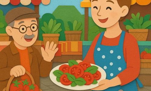 Een stralende Chef Emma met lichtbruin haar in een knot en een blauw schort met witte stippen staat achter een houten tafel en houdt een grote schaal met felrode tomatensalade en groene basilicum; de ongeveer 60-jarige meneer Jansen met gerimpeld gezicht, ronde bril en pet houdt een mand met glanzende tomaten en groet Emma links; een kleine grijze muis met glanzende zwarte ogen zit op de tafel bij de schaal en kijkt nieuwsgierig; de scène speelt zich af op een openluchtmarkt met kleurrijke kramen, houten kisten, gestreepte tafelkleden, manden met kruiden, slingers en een lichtblauwe lucht; Emma biedt de salade aan de marktbezoekers aan met warme gebaren, uitgestrekte schaal en vrolijke, gezellige sfeer.