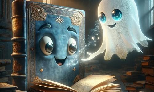 Un libro di fiabe animato, con una copertina di raso blu e pagine dorate, si trova al centro di una stanza buia e polverosa, le sue pagine si aprono con curiosità. Ha occhi brillanti e un sorriso malizioso, mostrando emozione di eccitazione e leggera apprensione. Accanto a lui, un fantasma fatto di pagine di carta, con tratti delicati e occhi scintillanti, fluttua dolcemente. Esprime saggezza e mistero, tendendo una mano traslucida verso il libro, come se lo invitasse a scoprire i segreti della casa. La scena si svolge in una vecchia casa abbandonata, con muri di legno decrepiti, ragnatele agli angoli e libri sparsi sul pavimento. La luce soffusa filtra attraverso finestre rotte, creando un'atmosfera magica e leggermente inquietante. La situazione principale mostra il libro di fiabe e il fantasma che collaborano per scrivere una nuova storia, circondati da libri antichi, mentre ombre danzano intorno a loro, aggiungendo un tocco di mistero.