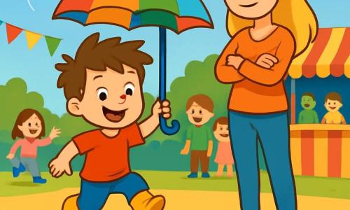 Un bambino di 4 anni, di nome Luca, con capelli castani spettinati e un grande sorriso, si trova orgoglioso davanti a una grande pozzanghera. I suoi occhi brillano di eccitazione mentre tiene un ombrello colorato sopra la testa, pronto a saltare. Accanto a lui, sua madre, una donna sorridente di circa 30 anni con capelli lunghi e biondi, lo incoraggia con uno sguardo affettuoso. Il contesto è una festa di paese vivace, con palloncini colorati nel cielo blu e bambini che ridono. La pozzanghera, grande e scintillante, riflette i colori vivaci della festa. Luca si lancia con determinazione, pronto a saltare sopra la pozzanghera senza bagnarsi, mentre l'ombra del suo ombrello si allunga sull'acqua, creando una scena magica e avventurosa.