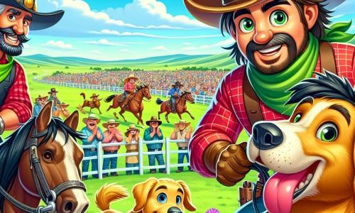 Cow-boy o imieniu Hank, mężczyzna w wieku około trzydziestu lat z dużym kapeluszem i czerwoną koszulą w kratę, stoi w centrum sceny, jego twarz promienieje determinacją i radością. Jeździ na brązowym koniu z żywymi oczami, mocno trzymając wodze w rękach, gotowy do udziału w wielkim konkursie konnym. Obok niego jego wierny towarzysz, Buster, mały pies z złotą sierścią, skacze radośnie wokół, wyrażając ekscytację nadchodzącą przygodą. Inny cow-boy, mężczyzna w wieku około czterdziestu lat z grubą wąsami i czerwoną chustą na szyi, stoi nieco z tyłu, obserwując Hanka z mieszanką wyzwania i szacunku, gotowy do rywalizacji w wyścigu. Scena rozgrywa się w rozległym krajobrazie preriowym, z zielonymi wzgórzami na horyzoncie i niebieskim niebem usianym białymi, puszystymi chmurami. Kaktusy i kolorowe dzikie kwiaty dodają życia dekoracji, podczas gdy mała grupa widzów gromadzi się w oddali, oklaskując i kibicując uczestnikom. Główna sytuacja pokazuje Hanka i jego konia przygotowujących się do wielkiego konkursu konnego, otoczonych innymi cow-boyami, w festiwalowej i konkurencyjnej atmosferze, gdzie duch koleżeństwa i wyzwania unosi się w powietrzu.