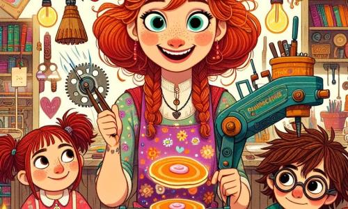 Al centro dell'immagine, Serena, una donna dai capelli rossi, sorride con entusiasmo. Indossa un grande grembiule multicolore, pieno di forbici, matite e piccoli attrezzi. I suoi occhi brillano di curiosità mentre aggiusta una strana macchina, la Pancake-Volante 3000, che emette scintille e rumori divertenti. A destra, Gaia, una bambina di 8 anni con due trecce e una maglietta a fiori, osserva con meraviglia la macchina, sorridendo e tenendo un piccolo taccuino per annotare le sue idee. A sinistra, Luca, un ragazzo di 9 anni con i capelli castani disordinati, è accovacciato, concentrato su un ingranaggio. La scena si svolge nella bottega di Serena, piena di oggetti strani e colorati, creando un'atmosfera magica. Serena testa la sua macchina mentre il pancake che ha preparato vola in aria, scatenando le risate dei bambini e riempiendo l'aria di un'atmosfera gioiosa.
