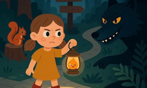 A 7-year-old girl with light brown pigtails, a round freckled face and a determined-yet-worried expression holds a small brass lantern that casts a warm orange circle of light; she wears a mustard-yellow dress and red boots. To the right a large dark bluish-black wolf with amber eyes and a sly grin is partly hidden behind a big fern, paw indicating a tempting dark path. A small bright-red squirrel perches on a stump to the left, watching curiously. The scene is a forest crossroads at dusk with pale stone ground, tall trees, bluish mist and a worn wooden sign pointing two ways; the girl advances on the lit path while the wolf offers the shadowed route, creating a strong contrast between safety and menace.