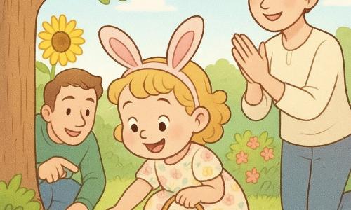 A joyful 2-year-old girl with curly blonde hair, rosy cheeks, a pastel floral dress and pink fabric bunny ears holds a small wicker basket of colored eggs, crouching by a bush to pick up a red egg; her smiling, tender mother (about 30, brunette in a bun, light shirt) stands on a wooden terrace to the right applauding softly, while her amused, protective father (about 32, light-skinned, green sweater) crouches behind to the left pointing at a blue egg near a tree trunk; bright spring garden with green lawn, large yellow sunflower, flowering bush, leafy tree, light blue sky with fluffy clouds and small birds on a branch; main scene a colorful, joyful egg hunt in golden morning light with vivid painted eggs hidden under leaves and near flowers, gentle safe atmosphere centered on the girl and her basket; style: rounded lines, pastel colors, soft textures and exaggerated, easy-to-read facial expressions for toddlers.