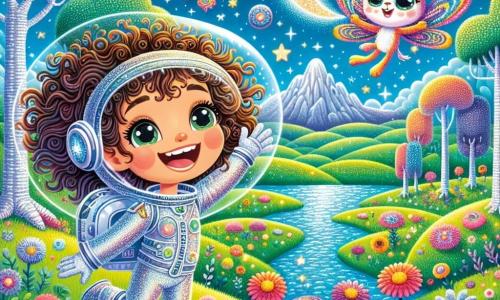 Luna, eine junge Frau mit braunen, lockigen Haaren, trägt einen silbernen Raumanzug, der im Licht der Sterne glänzt. Sie hat ein breites Lächeln im Gesicht, das ihr Staunen und ihre Neugier zeigt, während sie eine neue Welt erkundet. Neben ihr fliegt ein kleines Wesen mit großen Ohren und bunten Flügeln, das wie eine Mischung aus Hase und Schmetterling aussieht, fröhlich um sie herum und verleiht der Szene einen Hauch von Magie. Die Landschaft besteht aus sanften, grünen Hügeln und leuchtenden Blumen, die wie Sterne am Boden funkeln. Silberne Bäume ragen majestätisch empor, und ein strahlend blauer Himmel ist mit fluffigen Wolken übersät. In der Ferne schlängelt sich ein kristallklarer Bach durch die Landschaft und spiegelt das Sonnenlicht wider. Die Hauptsituation zeigt Luna und ihren Freund, die diese faszinierende Welt entdecken, mit Freude und Staunen in ihren Gesichtern, während sie auf ein wunderschönes Feld von Blumen zusteuern, die im Rhythmus des Windes tanzen.