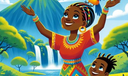Im Vordergrund steht Mama Mambo, eine afrikanische Frau in den Vierzigern, stolz mit einem strahlenden Gesicht voller Entschlossenheit und Freundlichkeit. Sie trägt ein buntes Kleid mit traditionellen Mustern und funkelnde Perlenarmbänder. Ihre Haare sind geflochten und mit leuchtenden Blumen geschmückt. Sie hebt die Arme gen Himmel, als wolle sie den großen Geist des Wassers rufen. Neben ihr sitzt ein kleiner, bunter Vogel, ein etwa 8-jähriger Junge mit leuchtend blauen und gelben Federn, der fröhlich singt, seine Augen vor Aufregung funkelnd, bereit, Mama Mambo auf ihrer Suche zu begleiten. Im Hintergrund erhebt sich majestätisch der große grüne Berg mit glitzernden Wasserfällen, die von seinen Hängen herabfallen. Der Himmel ist strahlend blau, mit flauschigen weißen Wolken, und die Landschaft ist voller Wildblumen und üppiger Bäume. Die Hauptsituation zeigt Mama Mambo und den kleinen Vogel, entschlossen und vereint, vor dem großen Berg stehend, bereit, den mächtigen Geist des Wassers um Hilfe zu bitten, um ihr Dorf vor der Dürre zu retten.