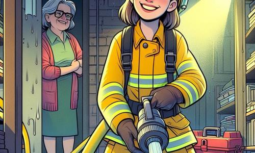 Eine junge Feuerwehrfrau, Mara, mit einem entschlossenen und lächelnden Gesicht, trägt eine leuchtend gelbe Uniform und einen glänzenden Helm. Ihre braunen Haare sind zu einem Pferdeschwanz gebunden, und sie hält selbstbewusst eine Wasserpumpe, ihre Augen funkeln vor Konzentration und Stolz. Neben ihr steht eine ältere Frau, Madame Blum, mit grauen Haaren und Brille, die dankbar schaut, ihre Hände um eine Kiste mit Fotos, die sie gerade gerettet hat, geklammert. Sie steht leicht im Hintergrund, am Eingang eines überfluteten Kellers. Der Ort ist ein dunkler, feuchter Keller mit Wasser bis zu den Knöcheln, Betonwänden und Holzregalen voller Bücher und Erinnerungsstücke. Sanftes Licht strömt durch ein zerbrochenes Fenster und schafft einen Kontrast zwischen Schatten und Licht. Die Hauptsituation zeigt Mara, die Wasser aus dem Keller pumpt, während Tropfen von den Wänden fallen und Blasen an die Oberfläche steigen. Die Atmosphäre ist sowohl angespannt als auch voller Hoffnung, mit Lichtstrahlen, die Maras Gesicht erhellen und ihren Mut und ihre Entschlossenheit symbolisieren, zu helfen.