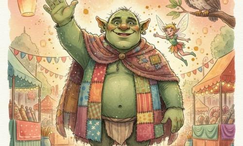A smiling, relieved male ogre — tall, stocky, tender-textured pale green skin, bright emerald eyes, sparse hair, wearing a colorful patchwork coat — stands center, raising a hand in greeting with a joyful face; a tiny female sprite fairy named Flicker with iridescent translucent wings and a petal dress flutters at his right shoulder, scattering small golden sparks with a mischievous, delighted expression; an old owl called Professor Whiskers with brown-gray plumage and round glasses perches on a high branch in the background, tilting his head kindly; the decorated market square has cobbles, multicolored banners, warm string lights, patterned candy stalls, paper lanterns and a pink-orange twilight sky; the main moment is festive, a soft golden glow envelops the ogre and fairy, a shimmering magical veil reveals the patchwork coat while an unseen crowd applauds, in a warm, saturated watercolor-washed palette with controlled splashes around lights and sparks.