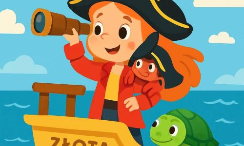 Młoda piratka, Ania, z długimi, ognistymi rudymi włosami i dużym, zdecydowanym uśmiechem, dumnie stoi na pokładzie swojego statku „Złota Perła”. Ma na sobie czarny kapelusz ozdobiony dużym kolorowym piórem i czerwoną kurtkę, podczas gdy przygląda się horyzontowi przez lunetę. Obok niej kryje się mały krab o imieniu Krabi, z jaskrawoczerwoną skorupą i dużymi, ciekawymi oczami, który z ekscytacją spogląda spod kaptura Ani. Dalej, stary mądry żółw, Żółwik, z zieloną skorupą i błyszczącymi oczami mądrości, odpoczywa na pokładzie, spokojnie obserwując morze. Miejsce to rozległy niebieski ocean pod słonecznym niebem z kilkoma białymi chmurami, z migoczącymi falami tańczącymi wokół statku. Główna sytuacja przedstawia Anię, gotową do przygody, podnoszącą lunetę, aby dostrzec tajemniczą wyspę w oddali, podczas gdy Krabi i Żółwik entuzjastycznie ją wspierają, tworząc atmosferę ekscytacji i koleżeństwa.