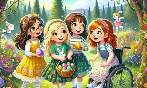 In an enchanted clearing, four girls are gathered for an Easter egg hunt. Lily, a 10-year-old with blonde hair and sparkling eyes, wears a bright yellow dress and holds a wicker basket filled with colorful eggs. Next to her, Mia, a 9-year-old with brown hair and glasses, wears a green t-shirt with bunnies and laughs joyfully. Emma, a 10-year-old with red hair and freckles, is dressed in a floral skirt and admires a decorated egg she just found. Finally, Sophie, a 9-year-old with brown hair in a wheelchair, wears a colorful jacket and smiles while holding a sparkling egg in her hand. The clearing is surrounded by tall trees with bright green leaves, and colorful flowers bloom everywhere, creating a fairy-tale landscape. The sky is bright blue, and birds sing joyfully in the branches. The four friends dance and laugh together, searching for eggs hidden under flowers and behind trees, while a gentle ray of sunshine illuminates their magical Easter adventure.