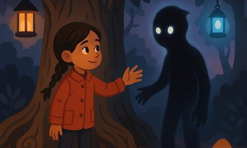 A 10-year-old girl, Clara, with a curious gaze and shy smile, chestnut hair in a braid, red buttoned jacket and muddy boots, reaches out toward a trembling dark silhouette; a shadow named Shade, a blurred humanoid like black smoke with shimmering edges and two pale bead-like eyes, stands hesitantly before her, partially hidden behind a trunk; an ancient oak with rough bark and spiraling roots towers above, its gnarled branches and moonlit leaves framing the scene; the ground is strewn with russet leaves and glowing mushrooms, a few lanterns hang from branches casting yellow and blue halos; twilight meeting in the woods—slightly eerie but gentle, strong contrasts of deep shadows and warm glows, composition centered on Clara's outstretched hand and Shade's nascent trust.
