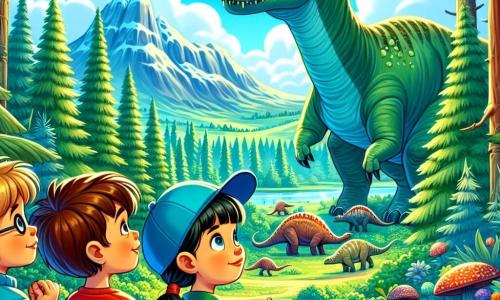 In een heldere prehistorische bos staan vier kinderen samen, verwonderd. Max, een zesjarig jongetje met wild bruin haar en een rode t-shirt, wijst naar een enorme brontosaurus die vredig in de buurt graast. Rechts van hem kijkt Sam, een zesjarig jongetje met blond haar en ronde bril, met grote ogen en een glimlach naar de scène. Links houdt Noor, een zesjarig meisje met lang zwart haar in een groene jurk, de hand van Tom, een zesjarig jongetje met kastanjebruin haar en een blauwe pet, die er een beetje nerveus maar nieuwsgierig uitziet. Het bos is dicht, met grote bomen, weelderige varens en kleurrijke bloemen die een vleugje magie aan de omgeving toevoegen. Op de achtergrond zijn verre bergen te zien onder een stralende blauwe lucht met donzige witte wolken. De kinderen observeren de brontosaurus, gefascineerd door zijn majestueuze grootte, terwijl een verre brul van een T-rex weerklinkt, wat een gevoel van opwinding en avontuur aan hun verkenning van het verleden toevoegt.