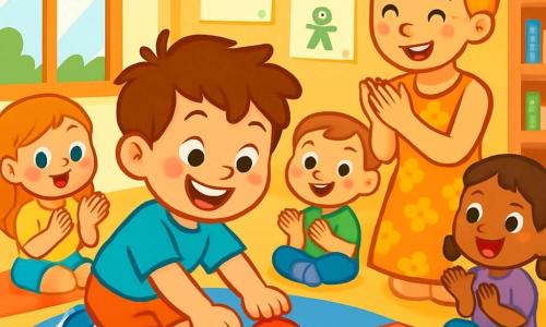 A 4-year-old boy named Tommy, with messy brown hair and sparkling eyes, plays with a small red car on a colorful block road. He smiles widely, showing his baby teeth, with rosy cheeks from excitement. Next to him, Miss Lily, a smiling woman in her 30s with blonde hair in a bun wearing a floral dress, encourages him by clapping. She stands slightly back, watching Tommy with pride. The scene takes place in a bright classroom with walls decorated with children's drawings and shelves filled with colorful books. Plush rugs are spread on the floor, and sunlight streams through the windows, creating a warm and welcoming atmosphere. Tommy drives his car on the road he built, while other children sit around, watching him with wonder and applauding his talent.