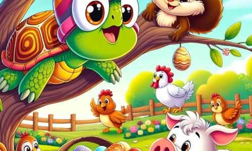 Uma tartaruga chamada Tita, com um bonito capacete listrado de cores vivas e olhos brilhantes de curiosidade, sobe com determinação em um galho de árvore, exibindo um largo sorriso de empolgação. Ao seu lado, um pequeno esquilo chamado Binho, com pelagem marrom e olhos travessos, segura uma grande cesta cheia de ovos, olhando para Tita com admiração. Embaixo da árvore, uma galinha branca chamada Clara, com penas desgrenhadas e uma expressão preocupada, observa a cena, enquanto um porquinho rosa, Pipo, se diverte pulando na lama, espirrando sujeira ao redor. A cena acontece em uma fazenda ensolarada, cercada por campos verdes, flores coloridas e um céu azul radiante, onde todos os animais se reúnem para uma festa alegre. Tita, determinada a resolver o mistério dos ovos desaparecidos, está prestes a descobrir a verdade ao subir na árvore, criando uma atmosfera de aventura e camaradagem.