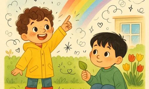 Dois meninos de 5 anos: Tiago, cabelos castanhos encaracolados e sardas, veste um casaco impermeável amarelo e botas vermelhas, parado à esquerda apontando para o céu com um sorriso; Miguel, cabelos pretos lisos, rosto redondo e olhos curiosos, veste um suéter verde e jeans molhado, sentado na relva à direita segurando uma folha molhada e olhando para um grande arco-íris. Cena num jardim de casa na primavera após uma chuva: relva brilhante com gotas refletindo o céu, poças, canteiro de tulipas vermelhas e amarelas, sebe baixa e janela ao fundo, algumas abelhas em estilo doodle; atmosfera alegre e colorida, luz do sol faz as gotas cintilarem, traços suaves e formas arredondadas, paleta luminosa (amarelo, verde, vermelho, azul).