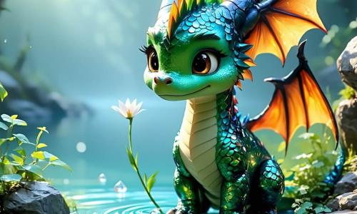 Um pequeno dragão chamado Drago, com escamas brilhantes de todas as cores do arco-íris, está à beira de um lago cristalino, com uma expressão de tristeza no rosto. Seus grandes olhos redondos refletem a luz do sol, e ele olha para seus amigos com um toque de arrependimento, segurando uma pequena flor nas patas. Ao seu lado, Lili, uma coelhinha de grandes orelhas e pelagem suave e branca, o observa com compaixão, seus olhos brilhando de empatia. Ela está sentada na grama verde, com uma cesta cheia de cenouras ao seu lado, pronta para ouvi-lo. Um pouco mais longe, Tito, um pequeno esquilo de pelagem ruiva e cauda espessa, sobe em um galho de árvore, observando a cena com uma expressão preocupada, suas pequenas patas apertadas em torno de uma avelã. A cena se passa em uma floresta encantada, onde grandes árvores com folhas douradas dançam suavemente ao vento, e flores coloridas salpicam o chão. O céu é de um azul brilhante, salpicado de nuvens brancas e fofas, e o suave murmúrio da água do lago cria uma atmosfera pacífica. Nesta ilustração, Drago, Lili e Tito se encontram cara a cara, enquanto Drago se desculpa sinceramente por suas mentiras, percebendo a importância da honestidade e da amizade.
