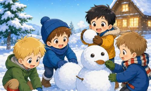 Four 4-year-old boys build a small snowman in a snowy clearing before a small snow-covered fir: a blond boy with short hair and shiny red boots stands left smiling and touching the snow; a brown-haired boy wearing a round blue hat stands center-left rolling a snowball; a black-haired boy with brown warm gloves stands center-right lifting a snowball to place it; a light brown-haired boy wearing a small striped scarf stands right adding a leaf for the snowman’s mouth; the ground is pristine white with round footprints, a pale blue sky with a few faint stars, and a distant wooden house with warm window light; the boys stack round snowballs, their breaths visible as white puffs, joyful expressions, soft colors and powdery snow textures.